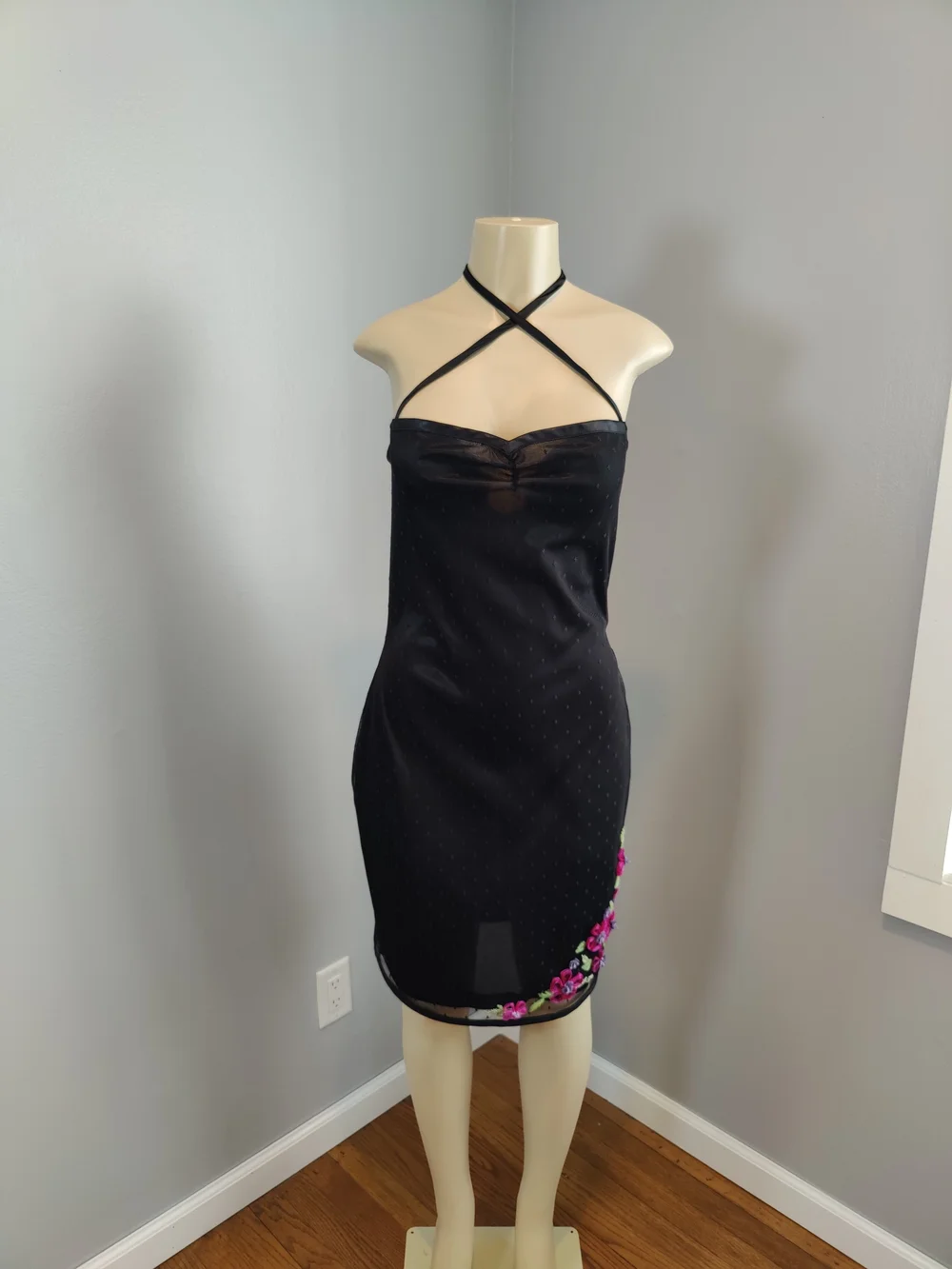 Betsey Johnson Y2K Goth Black Halter Sheath Dress with Pink Floral Embroidery